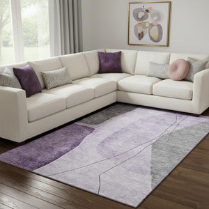 HomeRoots 9' X 12' Washable Area Rug in Purple Gray Ivory - Abstract Design with UV Protection for Durability 656578