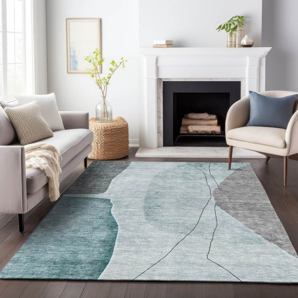 HomeRoots 5' Modern Teal Gray & Ivory Abstract Washable Area Rug with UV Protection for High-Traffic Spaces 656581