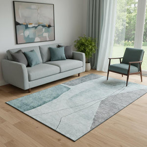 HomeRoots 5' Modern Teal Gray & Ivory Abstract Washable Area Rug with UV Protection for High-Traffic Spaces 656581
