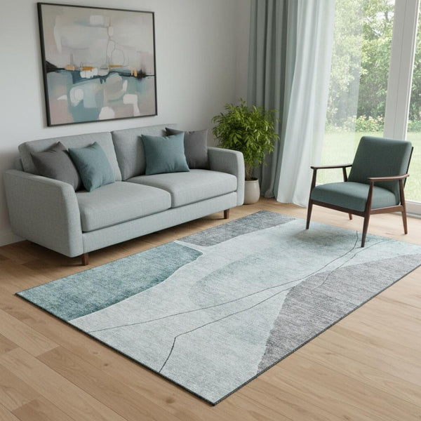 HomeRoots 5' Modern Teal Gray & Ivory Abstract Washable Area Rug with UV Protection for High-Traffic Spaces 656581