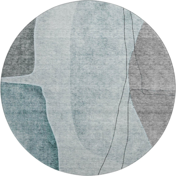 HomeRoots 8' Teal Gray and Ivory Abstract Round Rug - Washable, UV-Protected, Stylish for Any Home Decor 656582