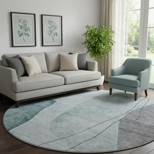 HomeRoots 8' Teal Gray and Ivory Abstract Round Rug - Washable, UV-Protected, Stylish for Any Home Decor 656582