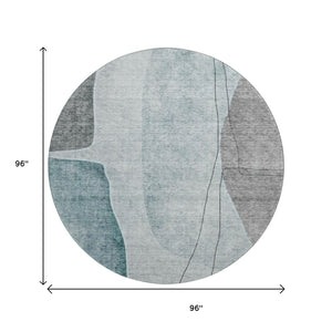 HomeRoots 8' Teal Gray and Ivory Abstract Round Rug - Washable, UV-Protected, Stylish for Any Home Decor 656582