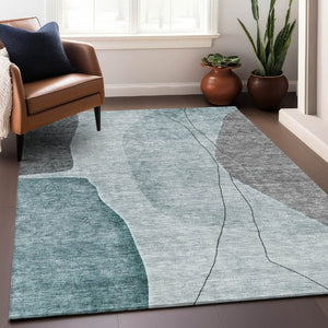 HomeRoots 8' X 10' Modern Teal Gray Ivory Abstract Area Rug - Washable, UV Protected & Ideal for High-Traffic Homes 656583