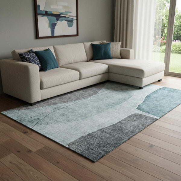 HomeRoots 8' X 10' Modern Teal Gray Ivory Abstract Area Rug - Washable, UV Protected & Ideal for High-Traffic Homes 656583