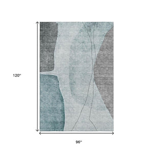 HomeRoots 8' X 10' Modern Teal Gray Ivory Abstract Area Rug - Washable, UV Protected & Ideal for High-Traffic Homes 656583