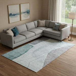 HomeRoots 9' X 12' Teal Gray Ivory Abstract Area Rug – Washable, Stain-Resistant, UV Protected for Daily Use 656584