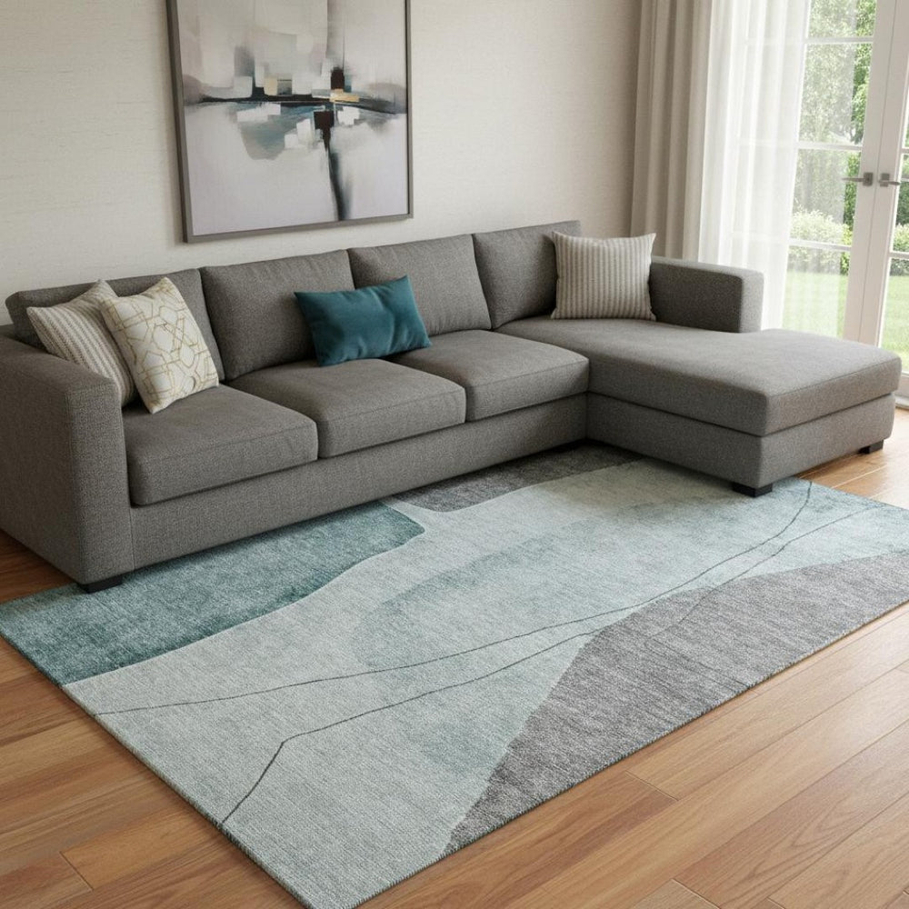 HomeRoots 10' Teal Gray & Ivory Abstract Area Rug – Washable, UV Protected, Stain Resistant for Busy Homes 656585