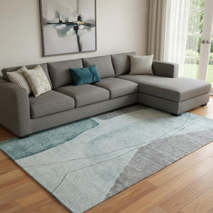 HomeRoots 10' Teal Gray & Ivory Abstract Area Rug – Washable, UV Protected, Stain Resistant for Busy Homes 656585