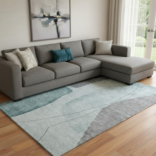 HomeRoots 10' Teal Gray & Ivory Abstract Area Rug – Washable, UV Protected, Stain Resistant for Busy Homes 656585