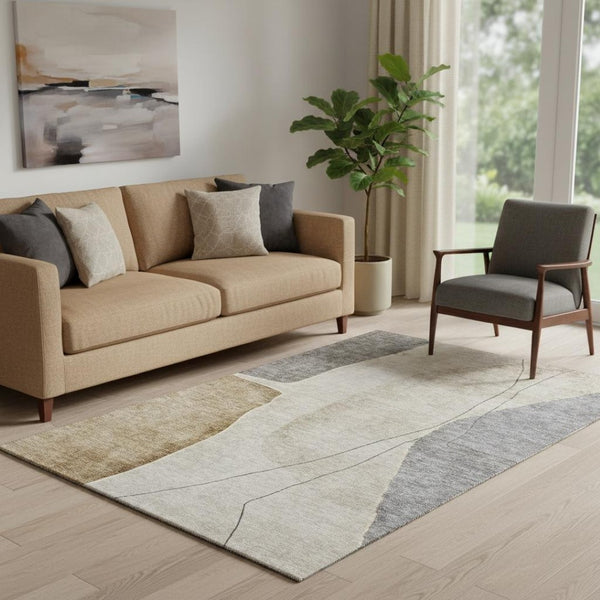 HomeRoots 5' X 8' Modern Abstract Washable Area Rug in Taupe Beige & Gray - UV Protected, Stain Resistant & Easy Care 656587
