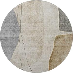 HomeRoots 8' Stylish Taupe Beige & Gray Abstract Washable Round Rug with UV Protection for Modern Spaces 656588