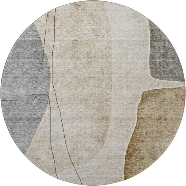 HomeRoots 8' Stylish Taupe Beige & Gray Abstract Washable Round Rug with UV Protection for Modern Spaces 656588