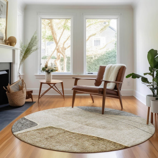 HomeRoots 8' Stylish Taupe Beige & Gray Abstract Washable Round Rug with UV Protection for Modern Spaces 656588