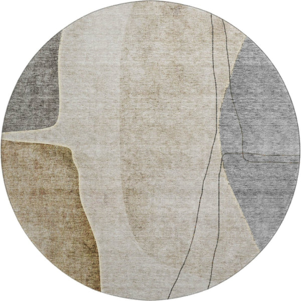 HomeRoots 8' Stylish Taupe Beige & Gray Abstract Washable Round Rug with UV Protection for Modern Spaces 656588
