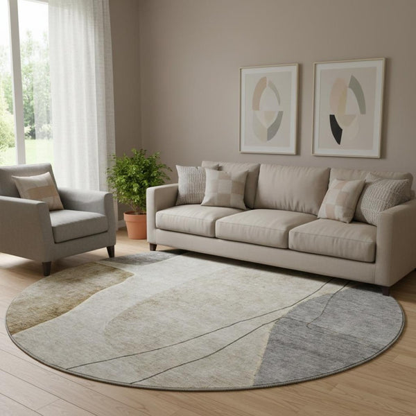 HomeRoots 8' Stylish Taupe Beige & Gray Abstract Washable Round Rug with UV Protection for Modern Spaces 656588