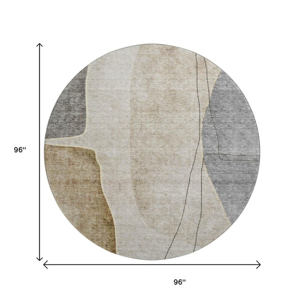 HomeRoots 8' Stylish Taupe Beige & Gray Abstract Washable Round Rug with UV Protection for Modern Spaces 656588