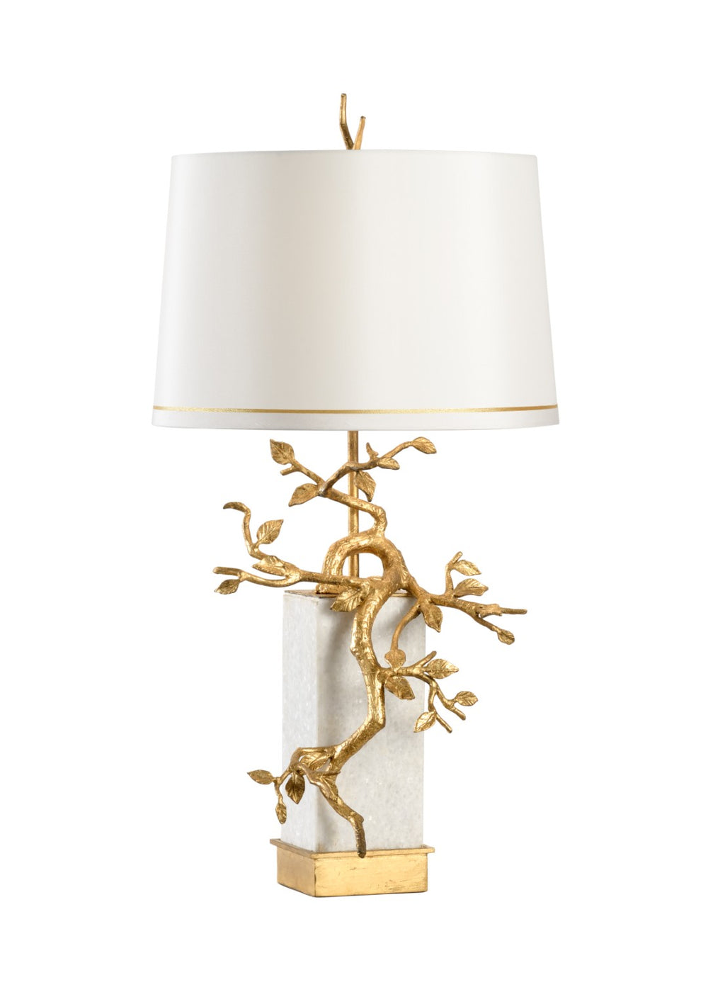 Wildwood Fujian Sculptural Table Lamp With Antique Gold Leaf Branch, White Stone Column Base, 35.5" H 65659