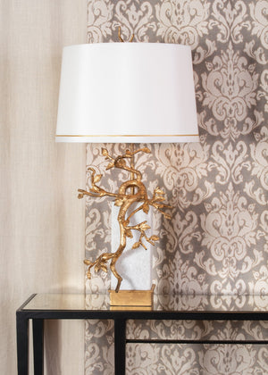 Wildwood Fujian Sculptural Table Lamp With Antique Gold Leaf Branch, White Stone Column Base, 35.5" H 65659