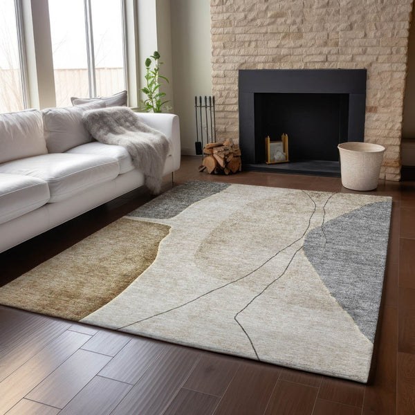 HomeRoots 10' Contemporary Taupe Beige & Gray Abstract Washable Area Rug with UV Protection for Durability 656591