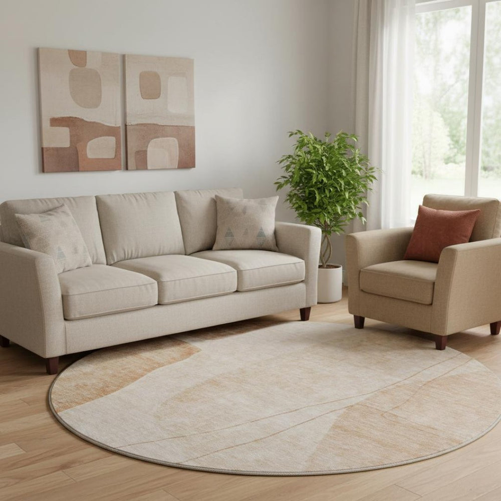 HomeRoots 8' Modern Terra Cotta & Beige Abstract Washable Round Rug with UV Protection for High-Traffic Homes 656594