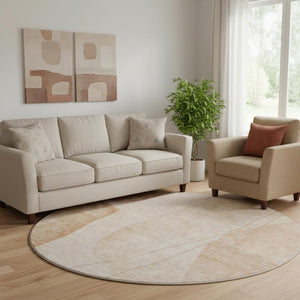 HomeRoots 8' Modern Terra Cotta & Beige Abstract Washable Round Rug with UV Protection for High-Traffic Homes 656594