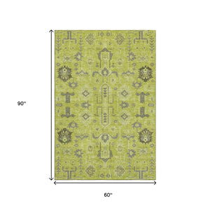 HomeRoots 5' Artichoke Green Gray Charcoal Oriental Washable Area Rug - Durable, UV Protected & Stylish Design 656599
