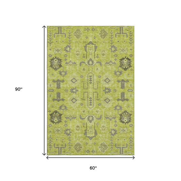 HomeRoots 5' Artichoke Green Gray Charcoal Oriental Washable Area Rug - Durable, UV Protected & Stylish Design 656599