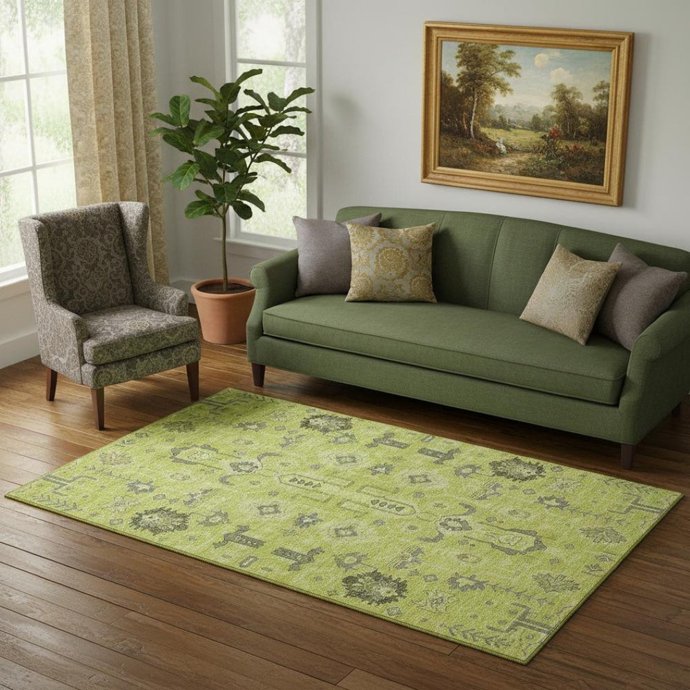 HomeRoots 5' Artichoke Green Gray Charcoal Oriental Washable Area Rug - Durable, UV Protected & Stylish Design 656599