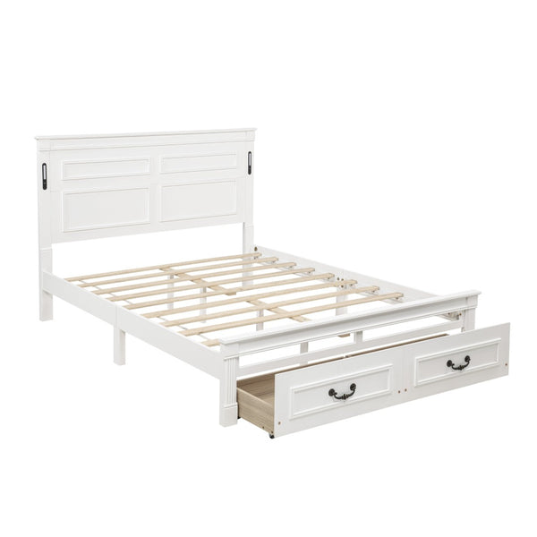 English Elm Queen Farmhouse Pinewood Storage Bed with Led Lighting Usb Charging and Panel Headboard White W504P391013