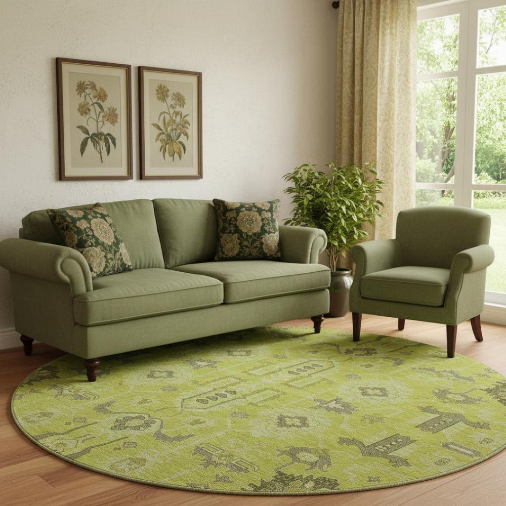 HomeRoots 8' Artichoke Green Gray Charcoal Round Rug – Washable, UV-Protected, Stain-Resistant & Durable Design 656600