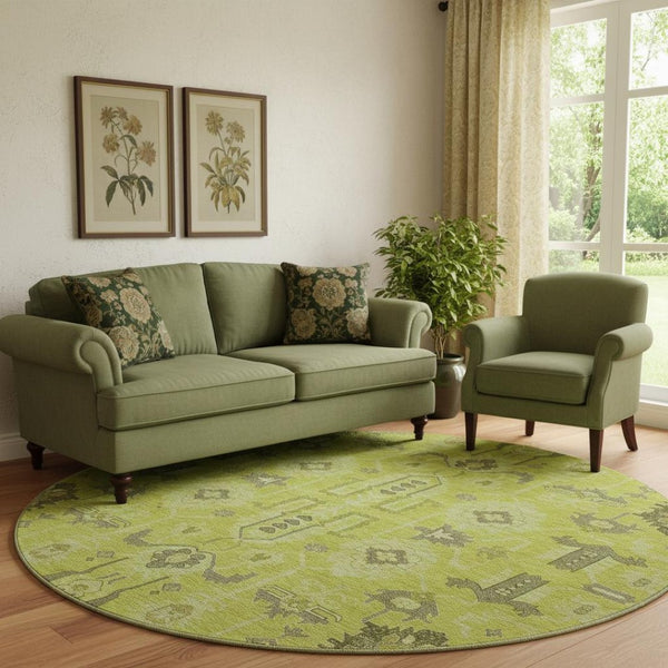 HomeRoots 8' Artichoke Green Gray Charcoal Round Rug – Washable, UV-Protected, Stain-Resistant & Durable Design 656600
