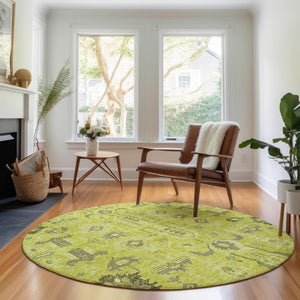 HomeRoots 8' Artichoke Green Gray Charcoal Round Rug – Washable, UV-Protected, Stain-Resistant & Durable Design 656600