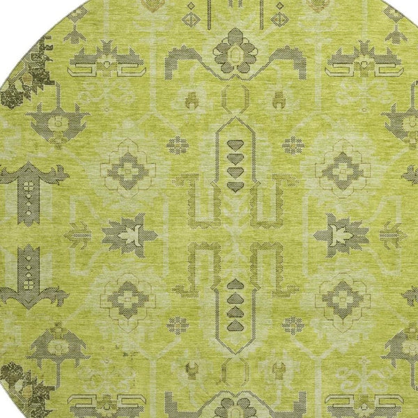 HomeRoots 8' Artichoke Green Gray Charcoal Round Rug – Washable, UV-Protected, Stain-Resistant & Durable Design 656600