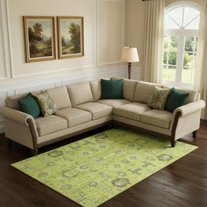 HomeRoots 8' X 10' Artichoke Green and Charcoal Oriental Area Rug - Durable, Washable, UV Protected & Stylish 656601