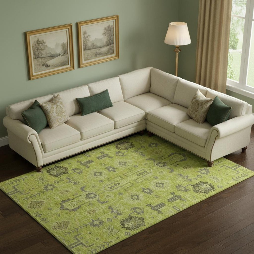 HomeRoots 9' X 12' Artichoke Green Gray Charcoal Oriental Rug - Washable, Stain-Resistant, UV Protected Beauty 656602