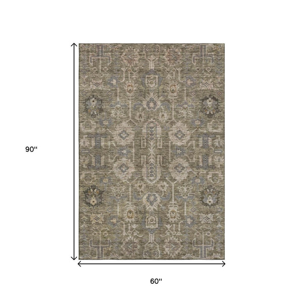 HomeRoots 5' X 8' Brown Gray Beige Oriental Area Rug - Stain Resistant, UV Protected, Durable for Homes 656605