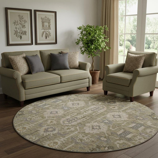 HomeRoots 8' Brown Gray and Beige Oriental Washable Round Rug - Stylish, Durable, and UV Protected for Homes 656606