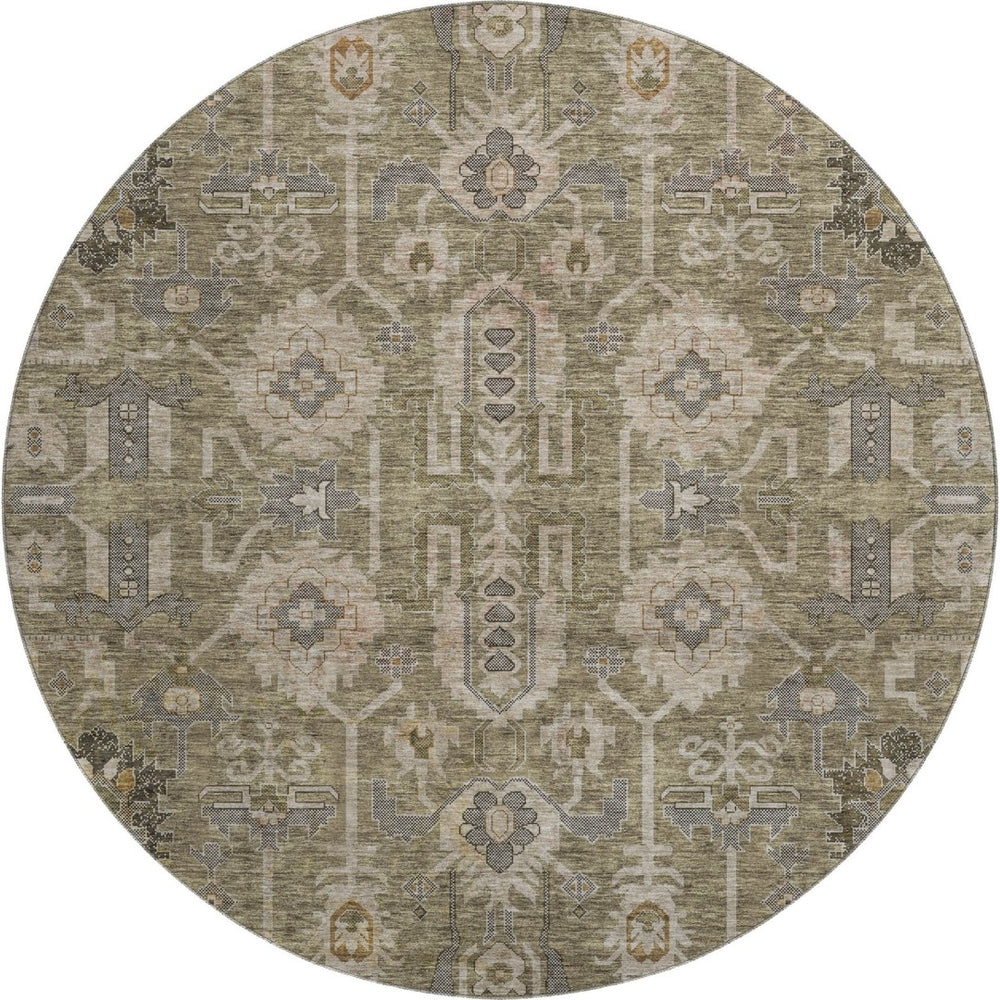 HomeRoots 8' Brown Gray and Beige Oriental Washable Round Rug - Stylish, Durable, and UV Protected for Homes 656606