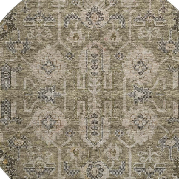 HomeRoots 8' Brown Gray and Beige Oriental Washable Round Rug - Stylish, Durable, and UV Protected for Homes 656606