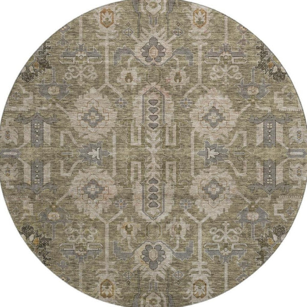 HomeRoots 8' Brown Gray and Beige Oriental Washable Round Rug - Stylish, Durable, and UV Protected for Homes 656606