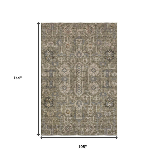 HomeRoots 9' X 12' Washable Oriental Area Rug in Brown, Gray & Beige with UV Protection for High Traffic Areas 656608