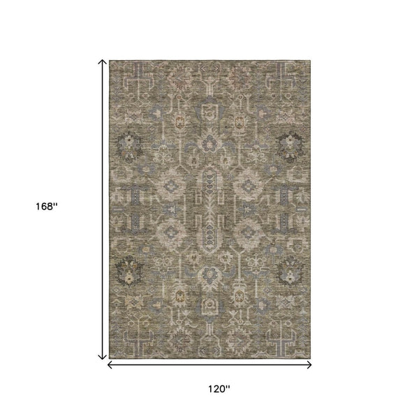 HomeRoots 10' X 14' Brown Gray Beige Washable Oriental Rug - UV Protected, Stain-Resistant & Durable Design 656609