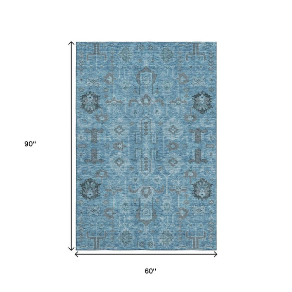 HomeRoots 5' X 8' Stylish Blue Charcoal Ivory Oriental Area Rug - Washable, UV Protected, Stain Resistant Design 656611