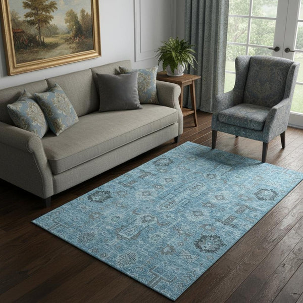 HomeRoots 5' X 8' Stylish Blue Charcoal Ivory Oriental Area Rug - Washable, UV Protected, Stain Resistant Design 656611