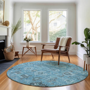 HomeRoots 8' Washable Blue Charcoal Ivory Oriental Round Rug with UV Protection for Easy Care & Style 656612
