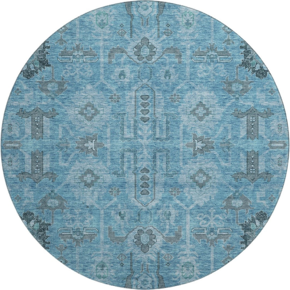 HomeRoots 8' Washable Blue Charcoal Ivory Oriental Round Rug with UV Protection for Easy Care & Style 656612