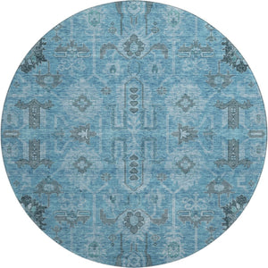 HomeRoots 8' Washable Blue Charcoal Ivory Oriental Round Rug with UV Protection for Easy Care & Style 656612