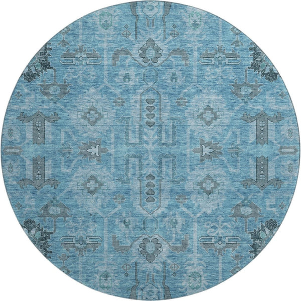 HomeRoots 8' Washable Blue Charcoal Ivory Oriental Round Rug with UV Protection for Easy Care & Style 656612