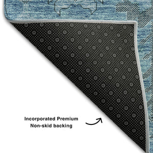 HomeRoots 8' Washable Blue Charcoal Ivory Oriental Round Rug with UV Protection for Easy Care & Style 656612